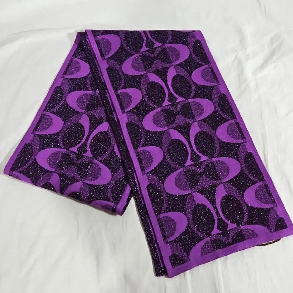 COACH Metallic Purple Knit Scarf Monogram Wool Blend Wrap Glittery Two Tone 60in